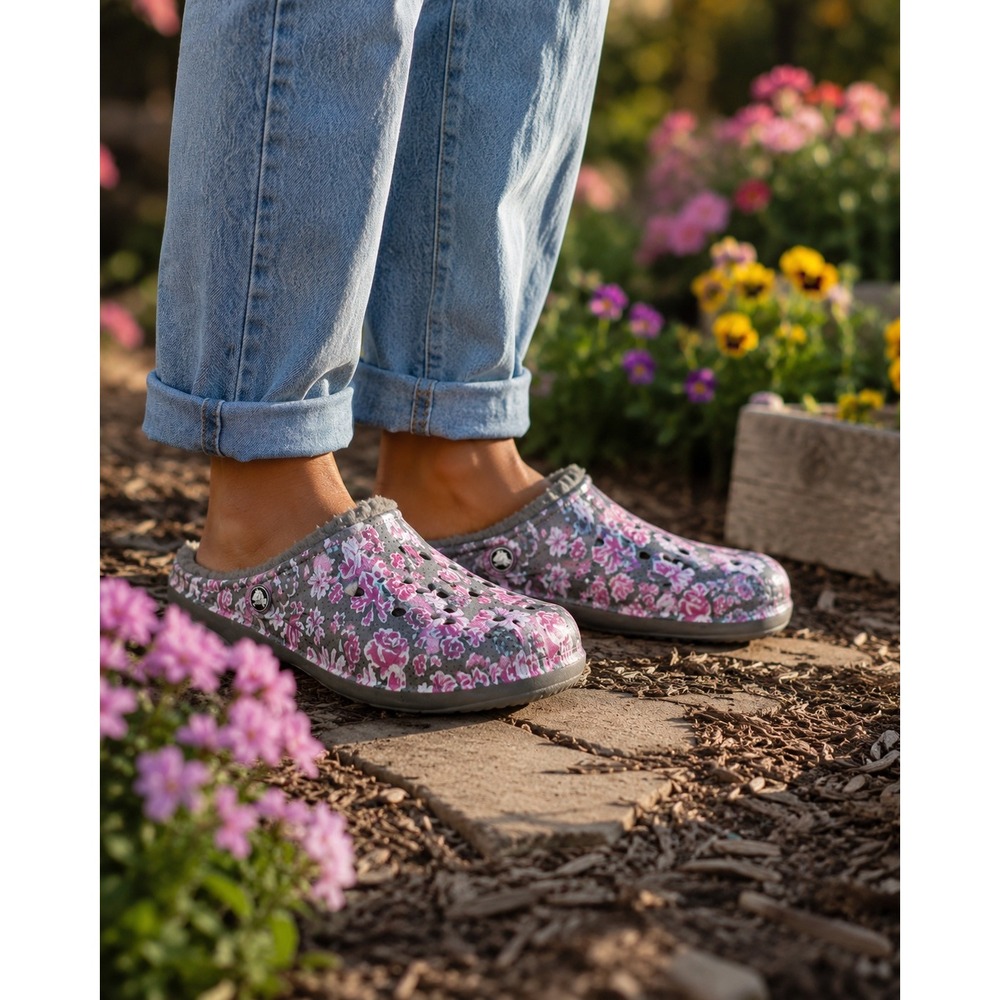 Crocs Classic Fuzz Lined Clogs Women 10 Grey Pink Floral Slip On Mules